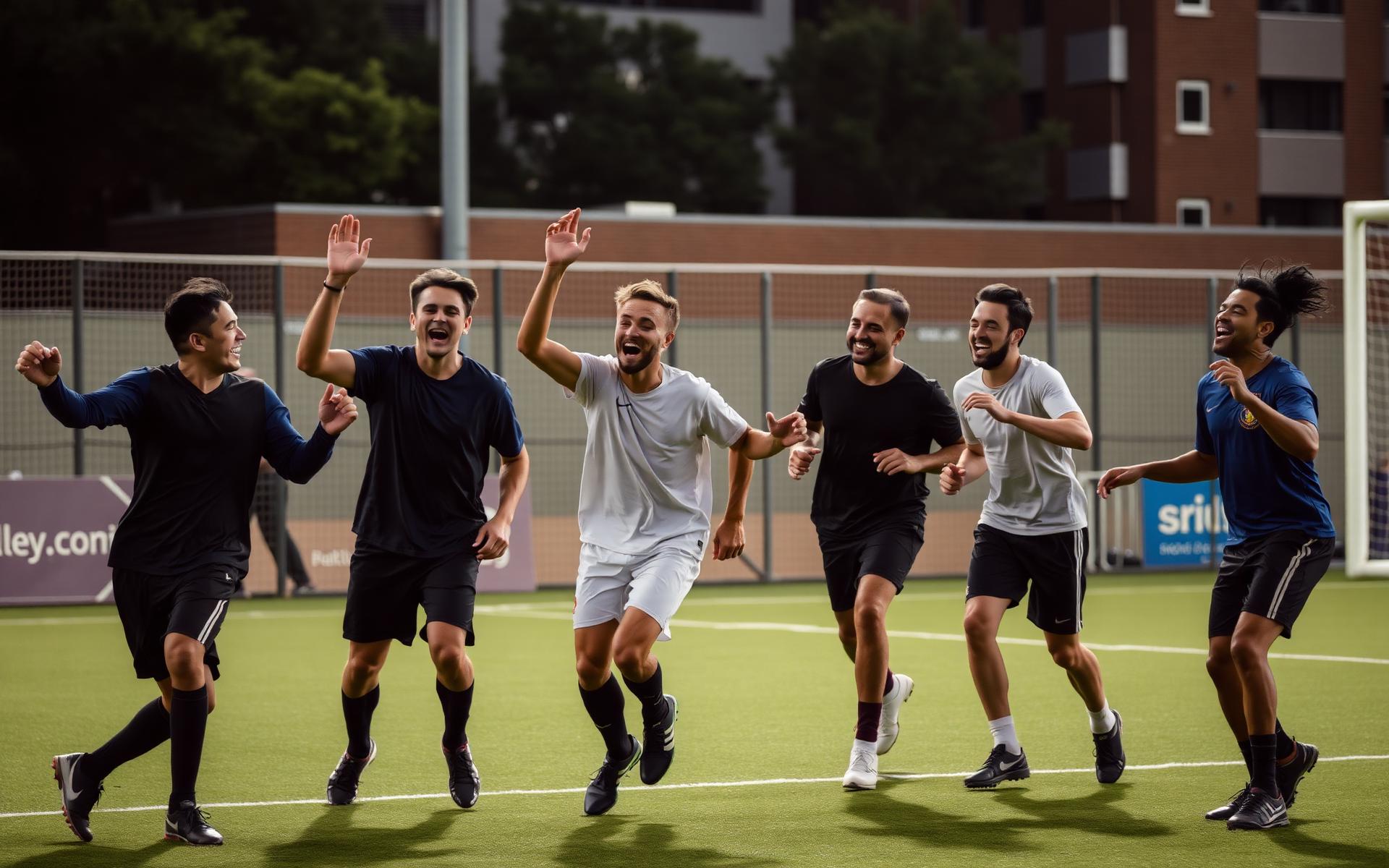 Players celebrating a goal on a 5-a-side pitch